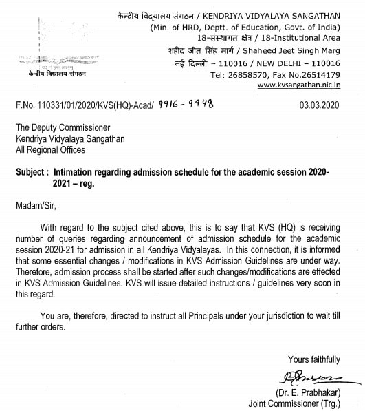 Delay In Kendriya Vidyalaya Kvs Admission Admission Guidelines For The Academic Session 2020 21