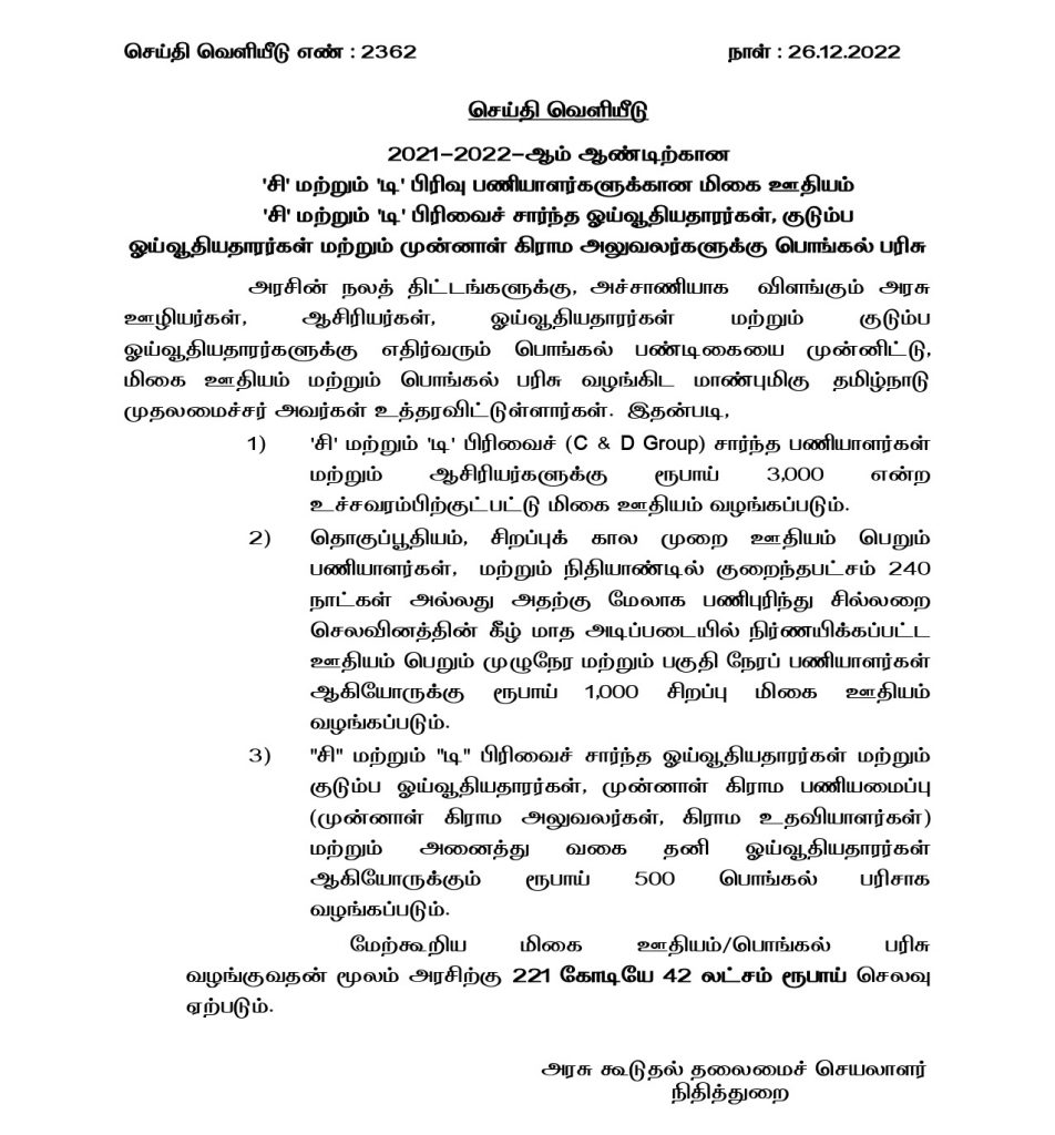 Tamil Nadu Pongal Bonus 2023