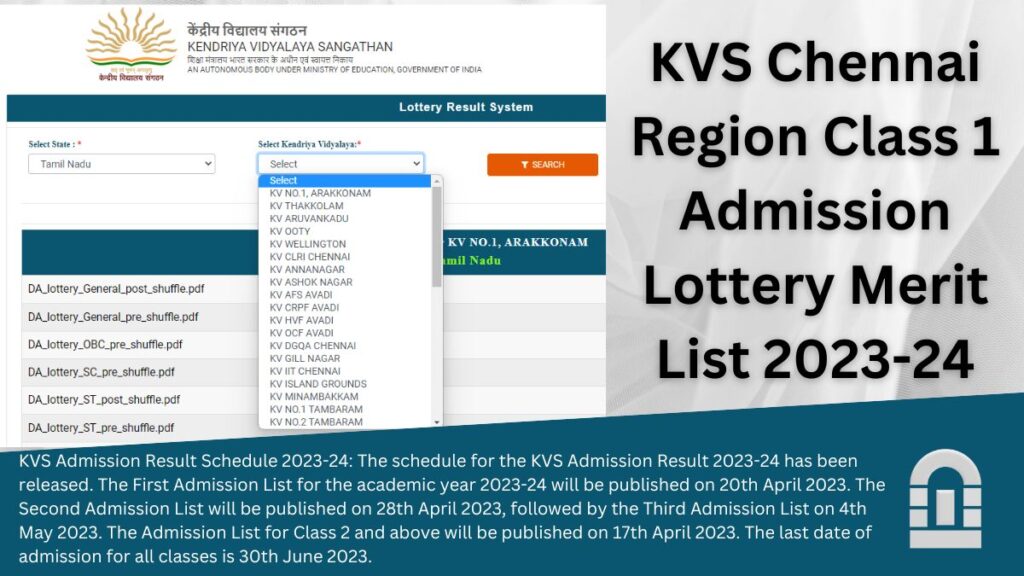 KV School Chennai Region Class 1 Admission Lottery Merit List 2023-2024
